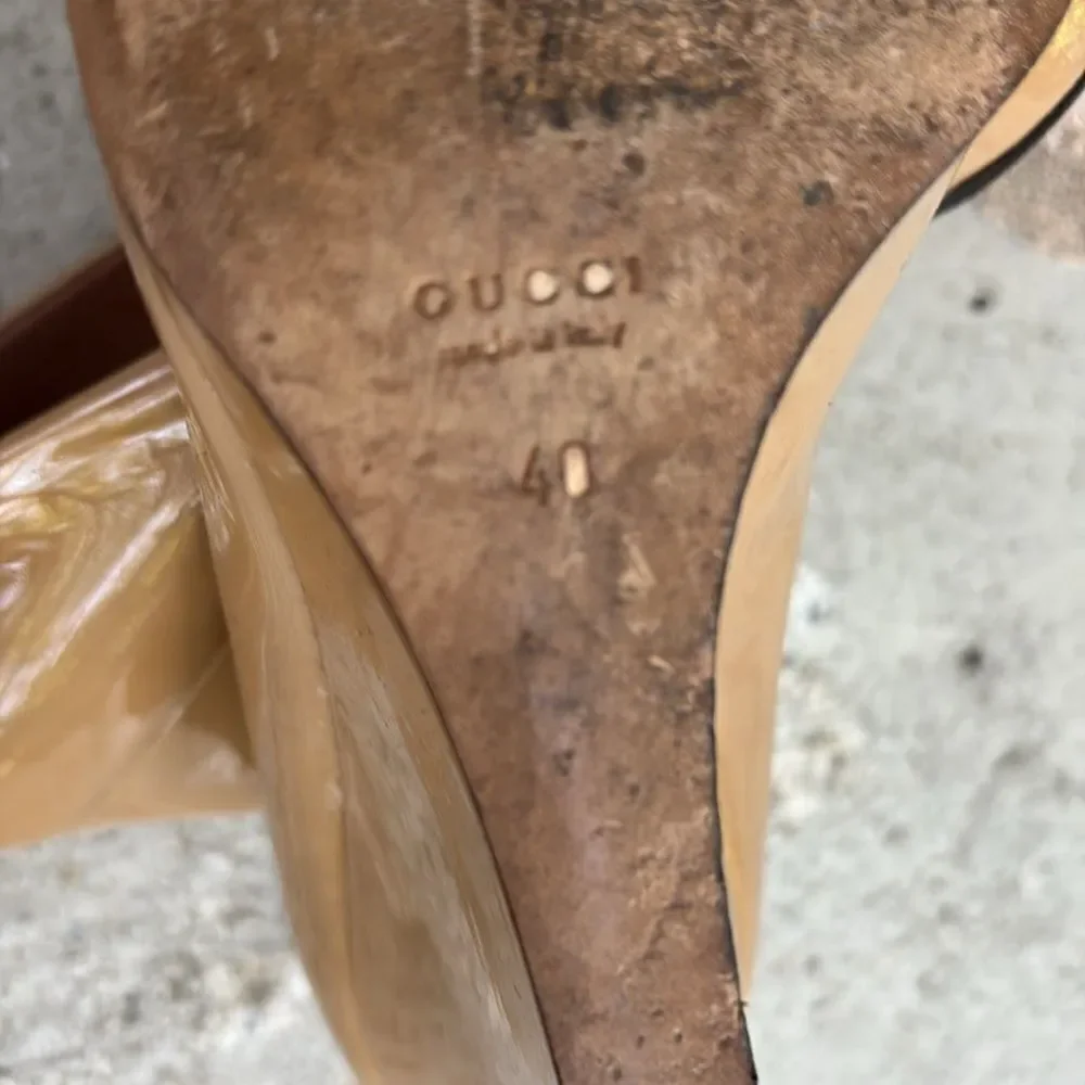 Gucci, patent leather wedge peep toe